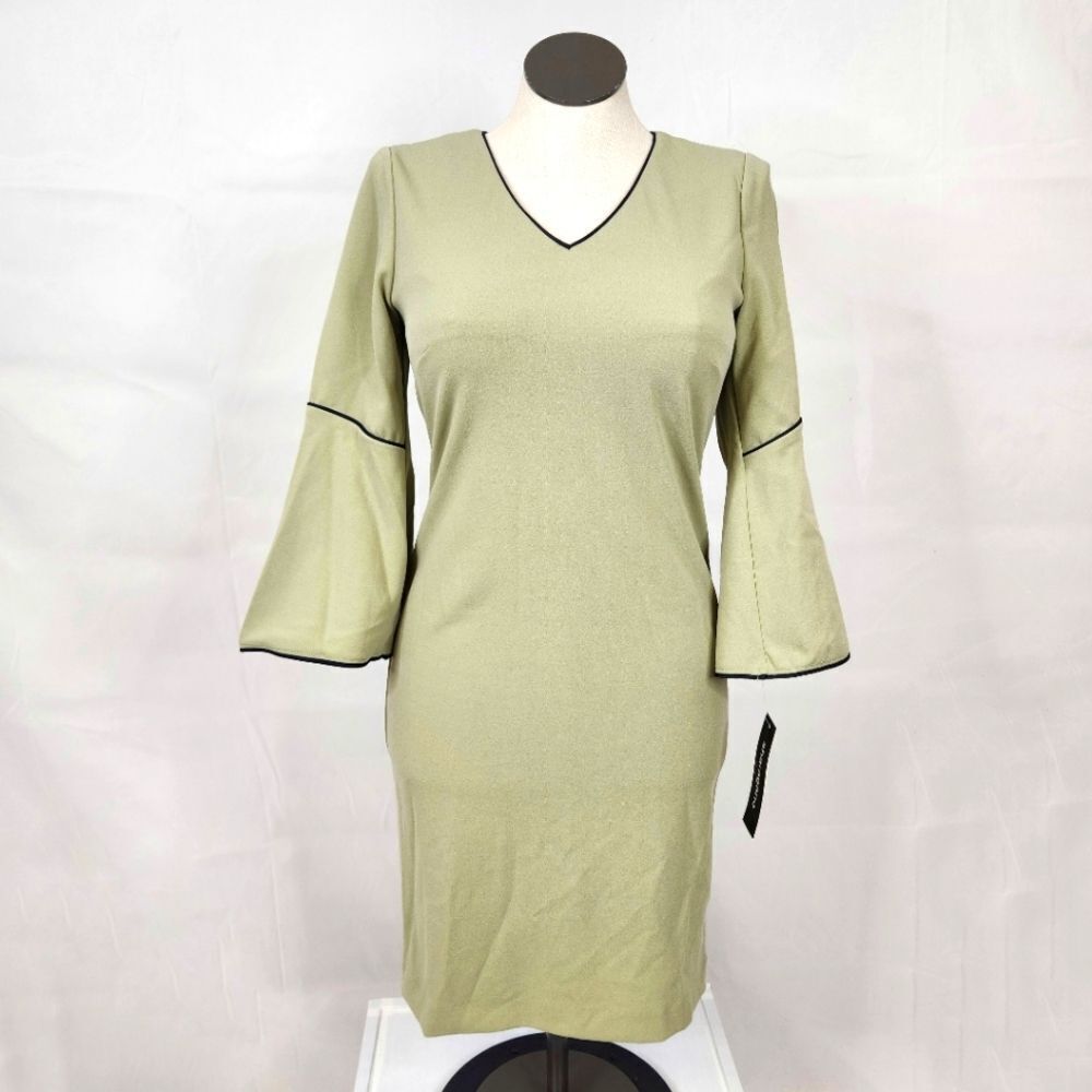 Nwt Sharagano Olive Green Black Bell Sleeve Zip Dress Sz 6